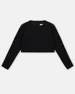 Kids Iceberg Black Crew Neck Crop Sweatshirt With Sequins And Zip On The Back