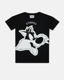 Kids Iceberg Black Crew Neck Short Sleeve T-shirt With Sylvester The Cat And Logo