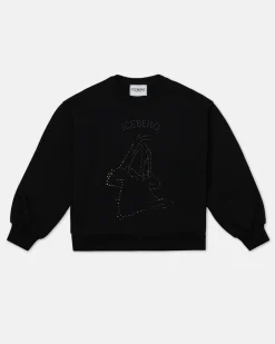 Kids Iceberg Black Crewneck Sweatshirt With Studs And Logo