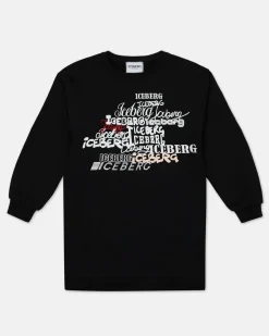 Kids Iceberg Black Crew-neck Sweatshirt With Logos On The Chest