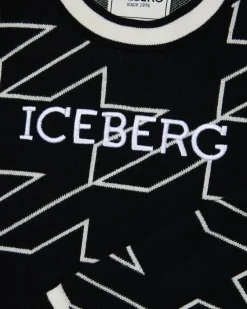 Kids Iceberg Black Cropped Wool Sweater With Houndstooth Motif