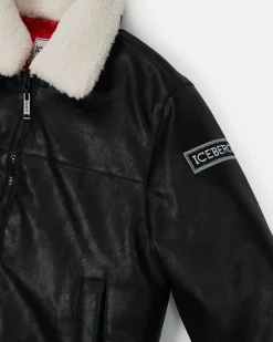 Kids/BOY Iceberg Black Eco-leather Aviator Style Jacket With Logo