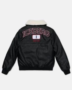 Kids/BOY Iceberg Black Eco-leather Aviator Style Jacket With Logo