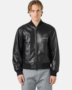 Iceberg Black Leather Bomber Jacket With Bear Embroidery And Double Slider Zip With Logo