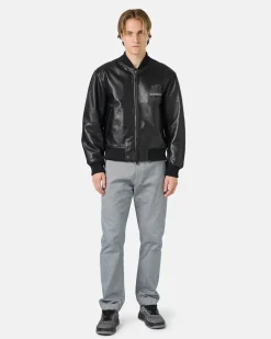 Iceberg Black Leather Bomber Jacket With Bear Embroidery And Double Slider Zip With Logo