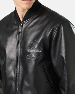 Iceberg Black Leather Bomber Jacket With Bear Embroidery And Double Slider Zip With Logo