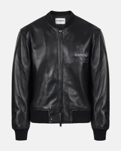 Iceberg Black Leather Bomber Jacket With Bear Embroidery And Double Slider Zip With Logo