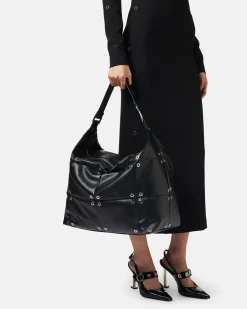 Women Iceberg Black Leather Patchwork And Studded Shoulder Bag