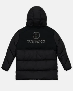 Kids Iceberg Black Quilted Jacket With Hood And Logo