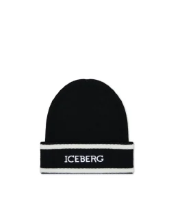 Kids Iceberg Black Wool Beanie Hat With Logo