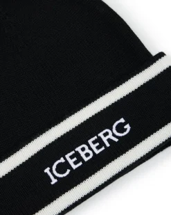 Kids Iceberg Black Wool Beanie Hat With Logo