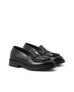 Women Iceberg Elegant Black Leather Loafers With Logo Monogram