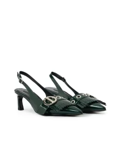 Women Iceberg Green Patinated Leather Pumps With Kitten Heel, Logo And Fringe