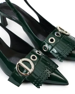 Women Iceberg Green Patinated Leather Pumps With Kitten Heel, Logo And Fringe