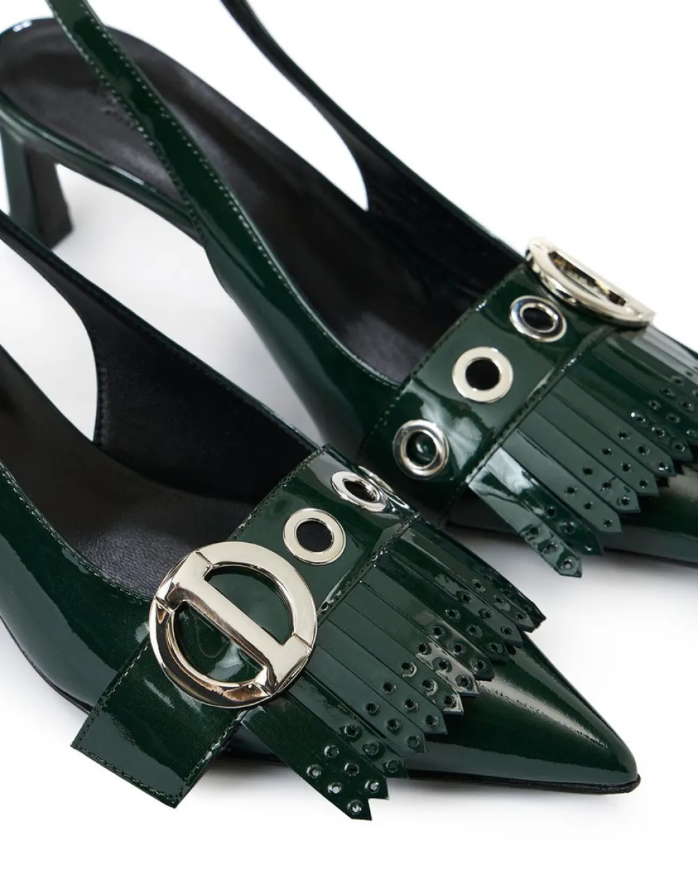 Women Iceberg Green Patinated Leather Pumps With Kitten Heel, Logo And Fringe