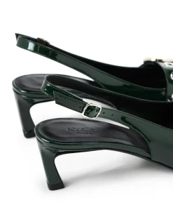 Women Iceberg Green Patinated Leather Pumps With Kitten Heel, Logo And Fringe