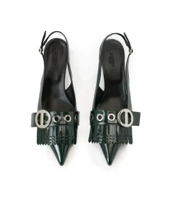 Women Iceberg Green Patinated Leather Pumps With Kitten Heel, Logo And Fringe