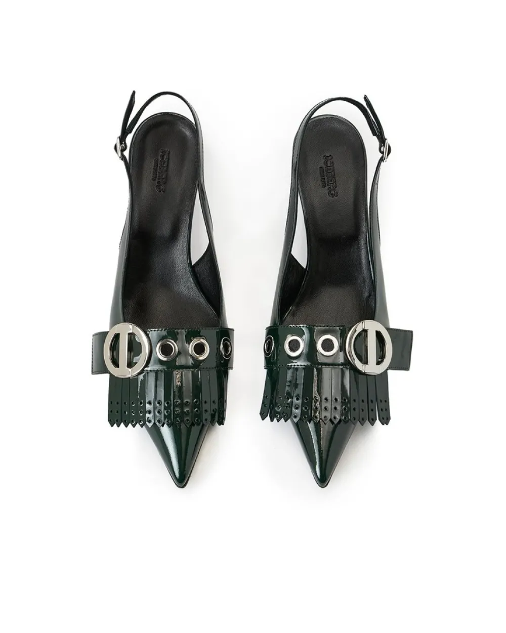 Women Iceberg Green Patinated Leather Pumps With Kitten Heel, Logo And Fringe