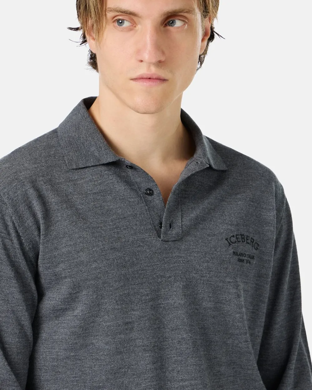 Iceberg Grey Long-sleeved Polo Shirt In Merino Yarn With Logo