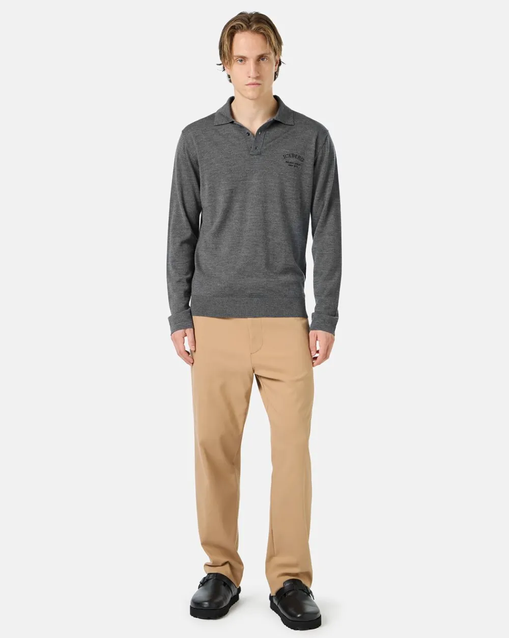 Iceberg Grey Long-sleeved Polo Shirt In Merino Yarn With Logo