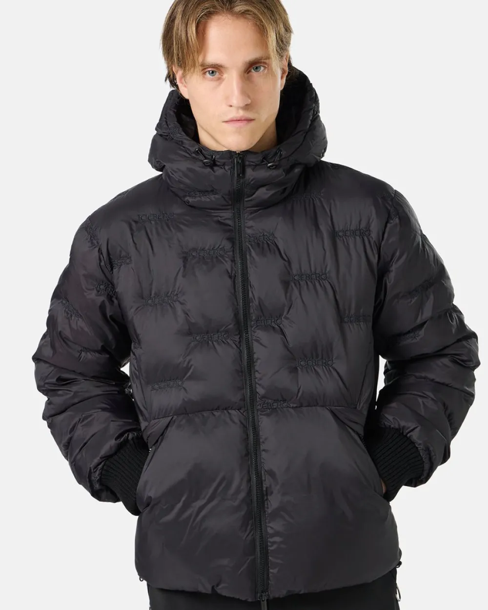 Iceberg Imitation Down Nylon Jacket With Allover Embroidery And Central Zip