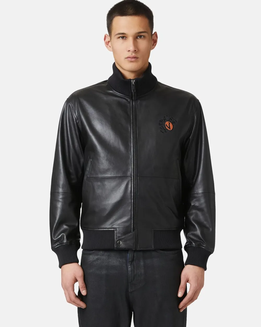 Iceberg Leather Bomber Jacket With Bear Detail