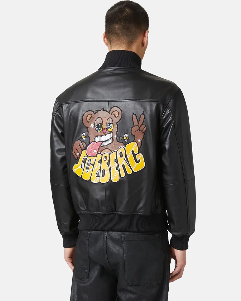 Iceberg Leather Bomber Jacket With Bear Detail