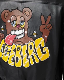 Iceberg Leather Bomber Jacket With Bear Detail