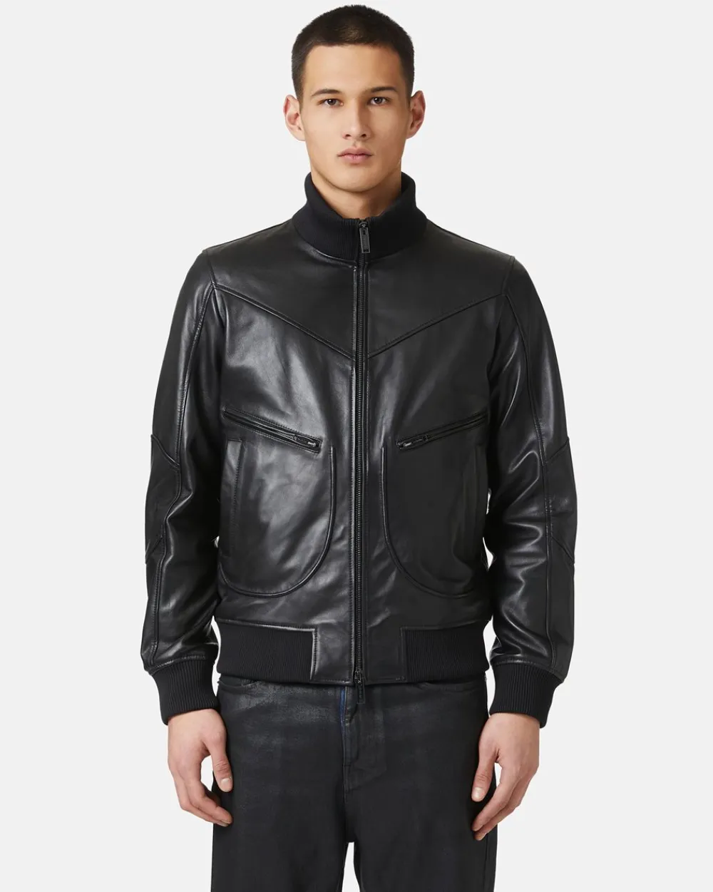 Iceberg Leather Bomber Jacket With Logo