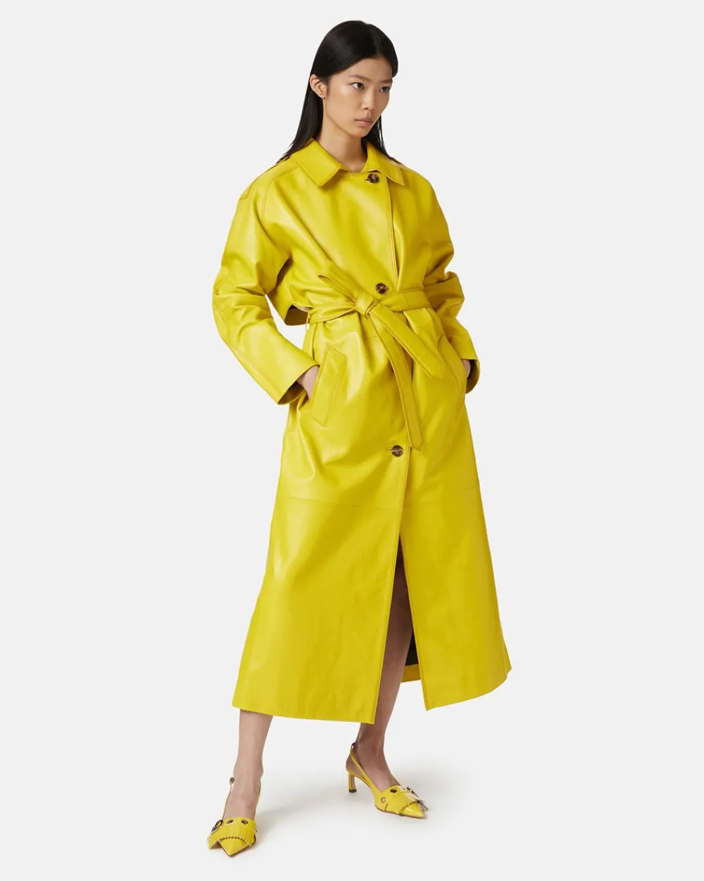 Women Iceberg Leather Trench Coat With Embroidered Patch Detail