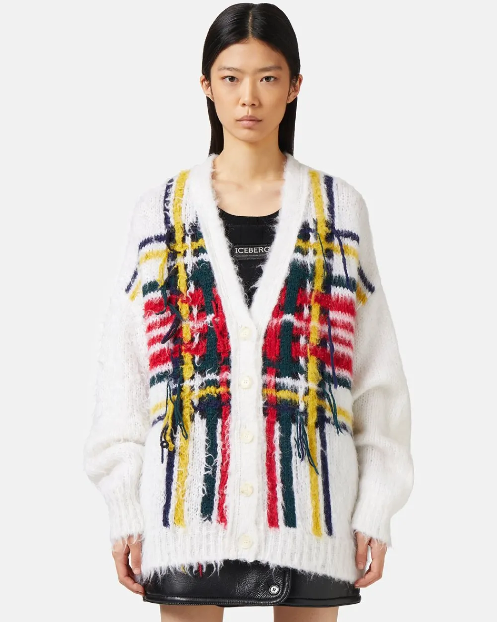 Women Iceberg Mohair Cardigan With Multicolor Check Inlay