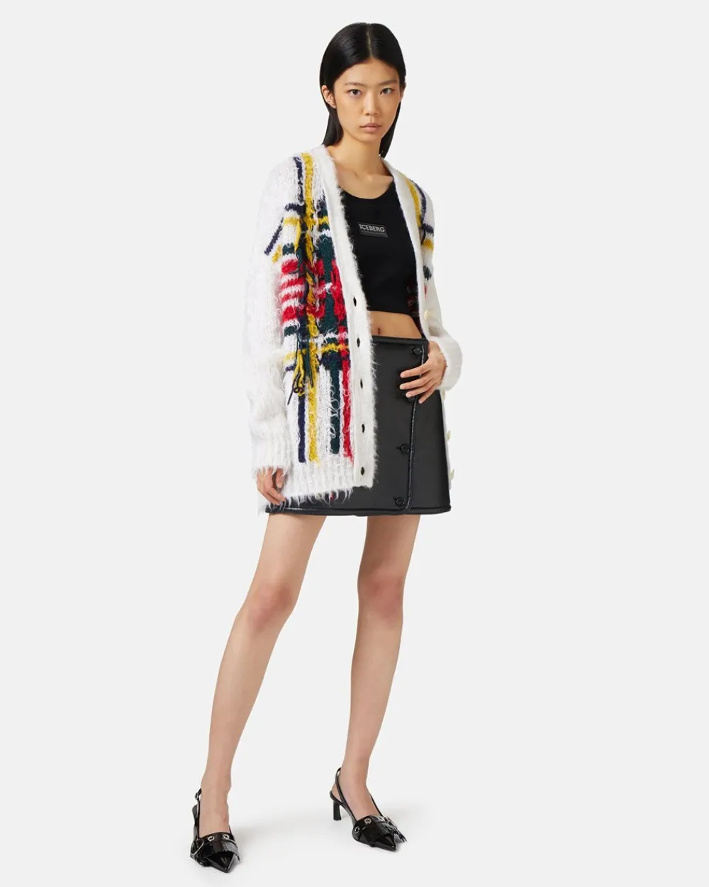 Women Iceberg Mohair Cardigan With Multicolor Check Inlay