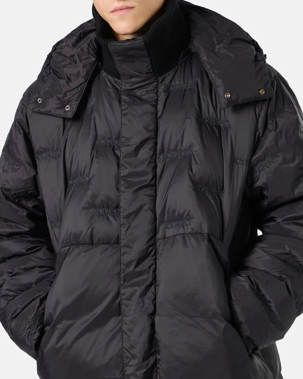Iceberg Nylon Long Duvet Jacket With Allover Embroidery And Central Zip