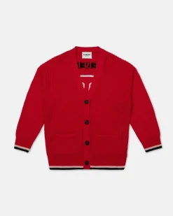 Kids Iceberg Red Wool Cardigan With Logo On The Back