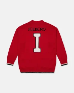 Kids Iceberg Red Wool Cardigan With Logo On The Back