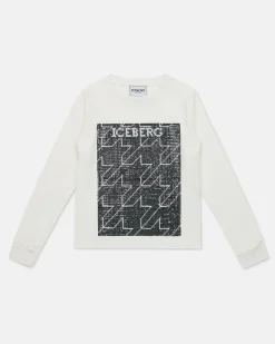 Kids Iceberg White Crewneck Sweatshirt With Houndstooth Pattern And Logo