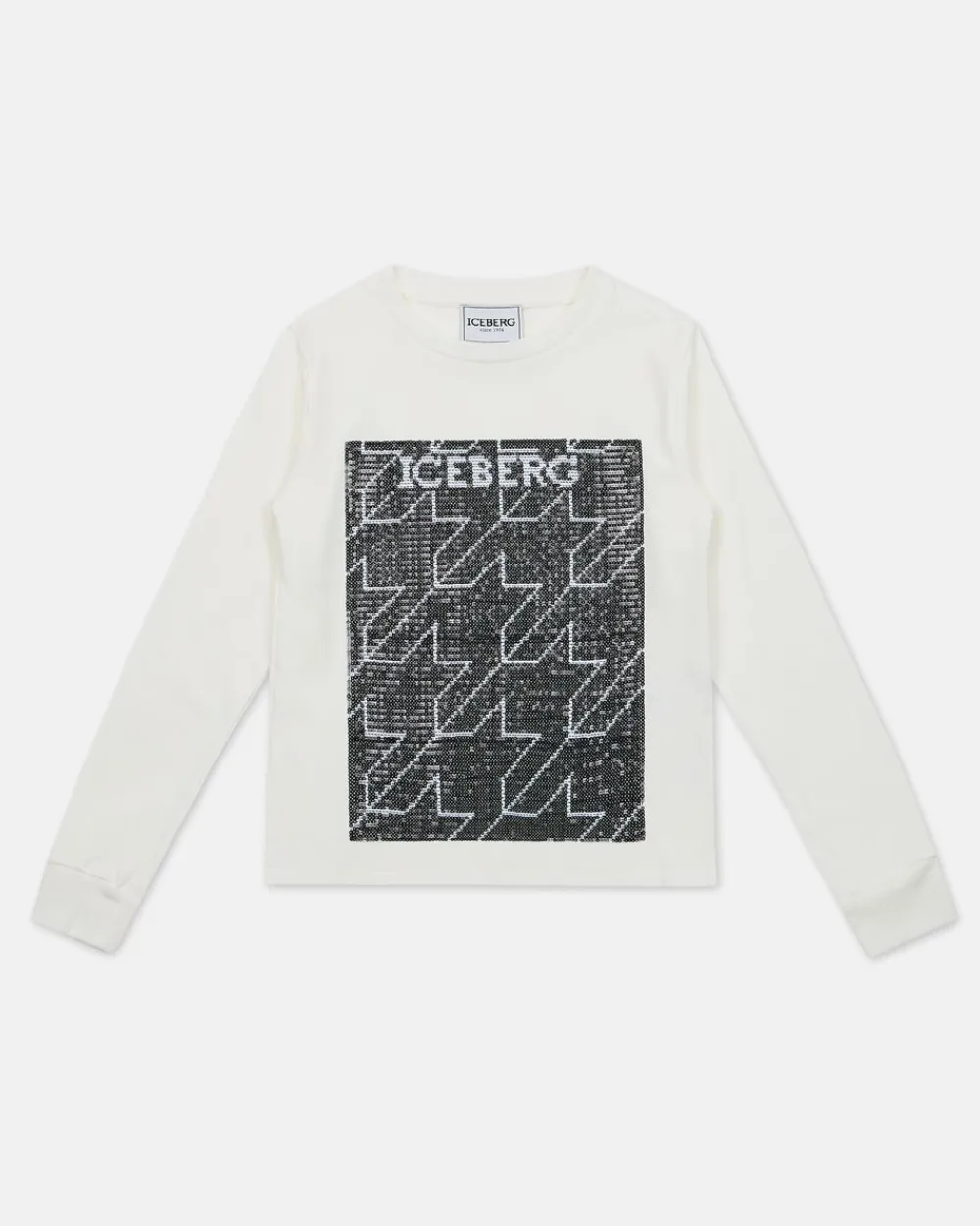 Kids Iceberg White Crewneck Sweatshirt With Houndstooth Pattern And Logo