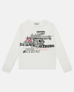 Kids Iceberg White Crew-neck Sweatshirt With Logos On The Chest