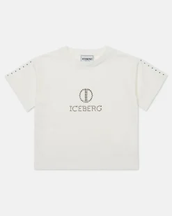 Kids Iceberg White Crop T-shirt With Studs And Logo
