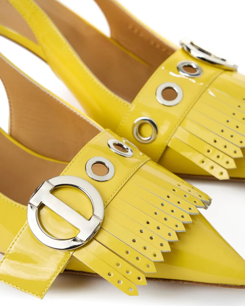 Women Iceberg Yellow Patinated Leather Pumps With Kitten Heel, Logo And Fringe