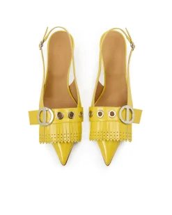 Women Iceberg Yellow Patinated Leather Pumps With Kitten Heel, Logo And Fringe