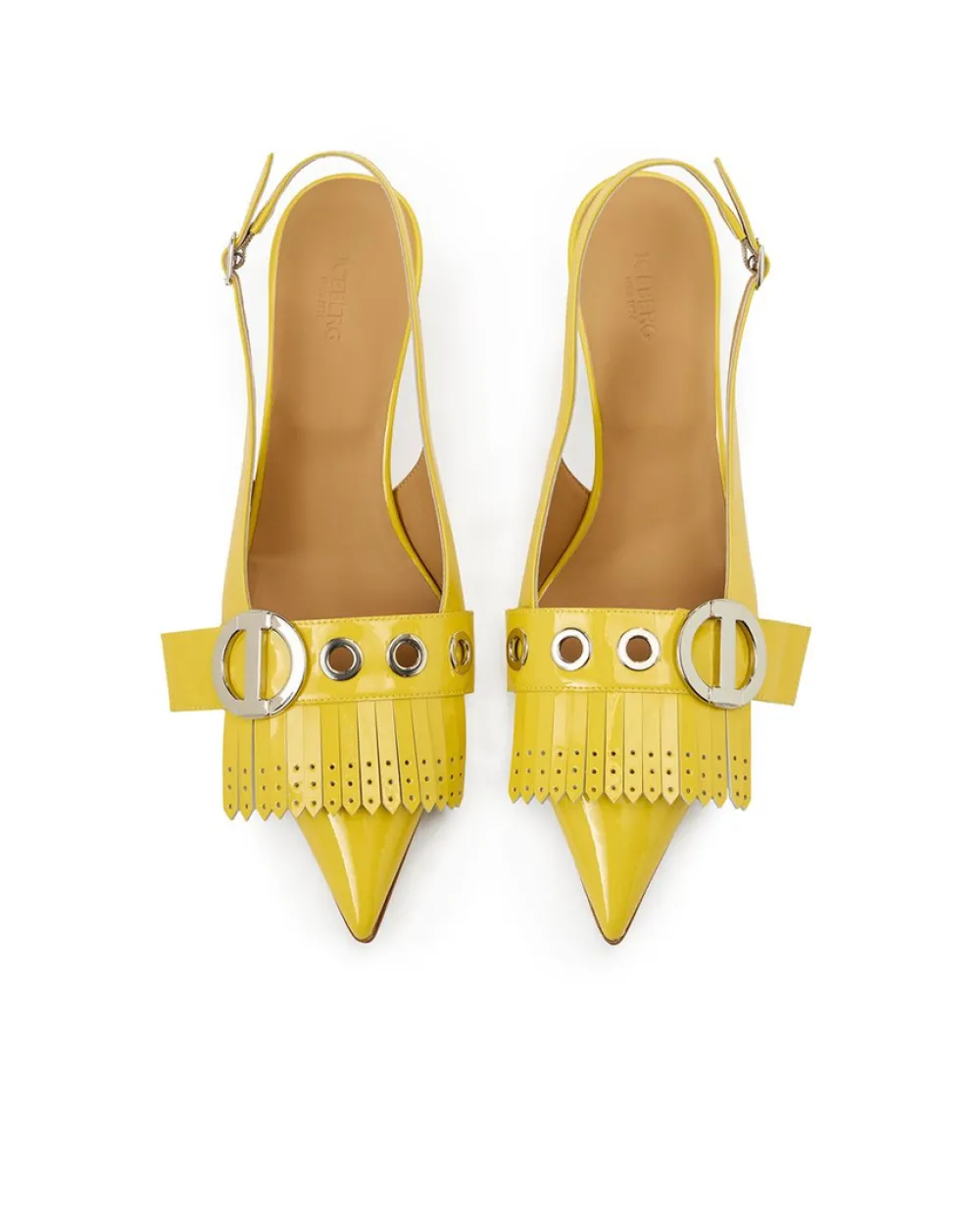 Women Iceberg Yellow Patinated Leather Pumps With Kitten Heel, Logo And Fringe